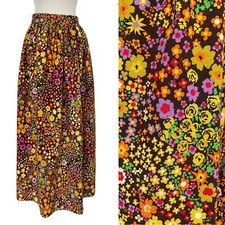 Vintage Colorful Psychedelic Barkcloth Floral Flower Power Long Skirt size XS