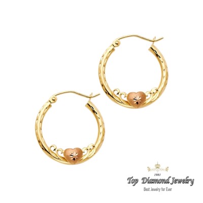 Gold - 14K massive Gelb & Rose 2mm Diamantschliff Creolen mit Herz, 20mm