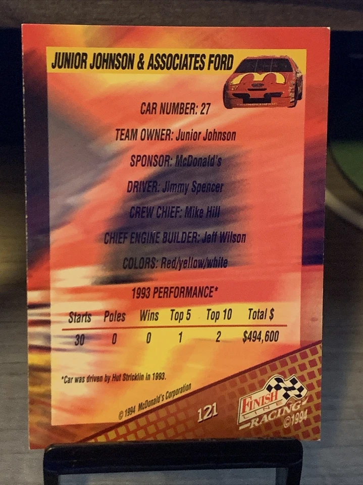 Jimmy Spencer VINTAGE 1994 FINISH LINE RACING #121 MCDONALDS Card - Image 2 of 2