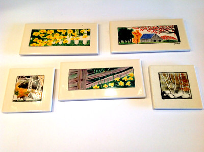 Hanna Juekoff Hand Painted 2 Hand Signed Glossy Tiles Lot of 5