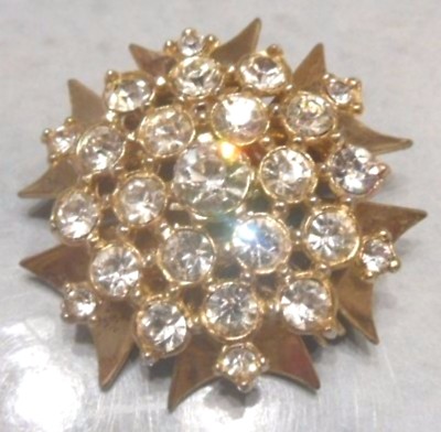 Broche Ronde Vintage En Cristal Doré - Style Bijou Fantaisie Avec Cristaux - État Superbe