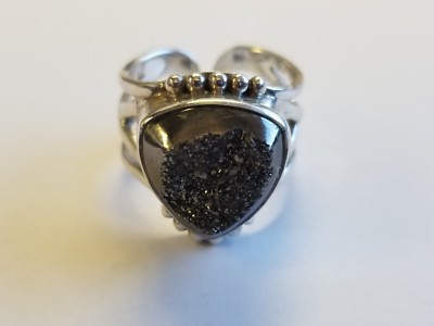 Cocktail-Ring Sterlingsilber schwarz Druzy Stein signiert CL