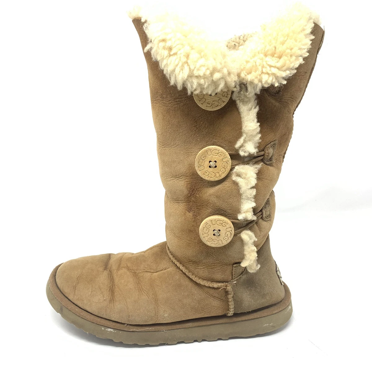 UGG Womens Brown Bailey Button Triplet Suede Shearling Boots 1873 Size 7