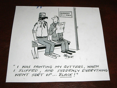 ORIGINAL INK CARTOON COMIC DRAWING BY WALLER - PAINTING MY GUTTERS, c1960s.