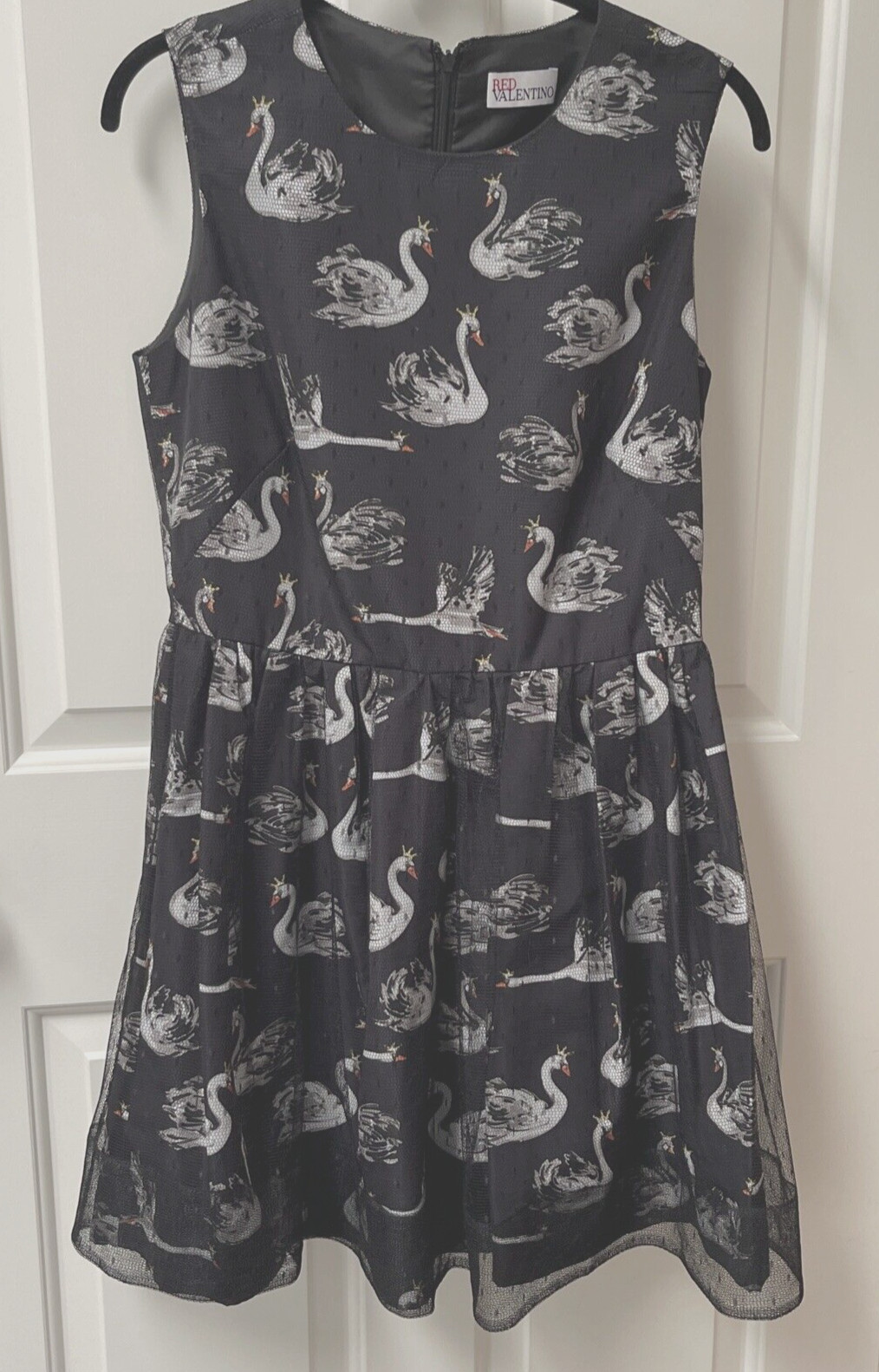 Red Valentino Sleeveless Black/White Swan Dress w/Tulle Overlay