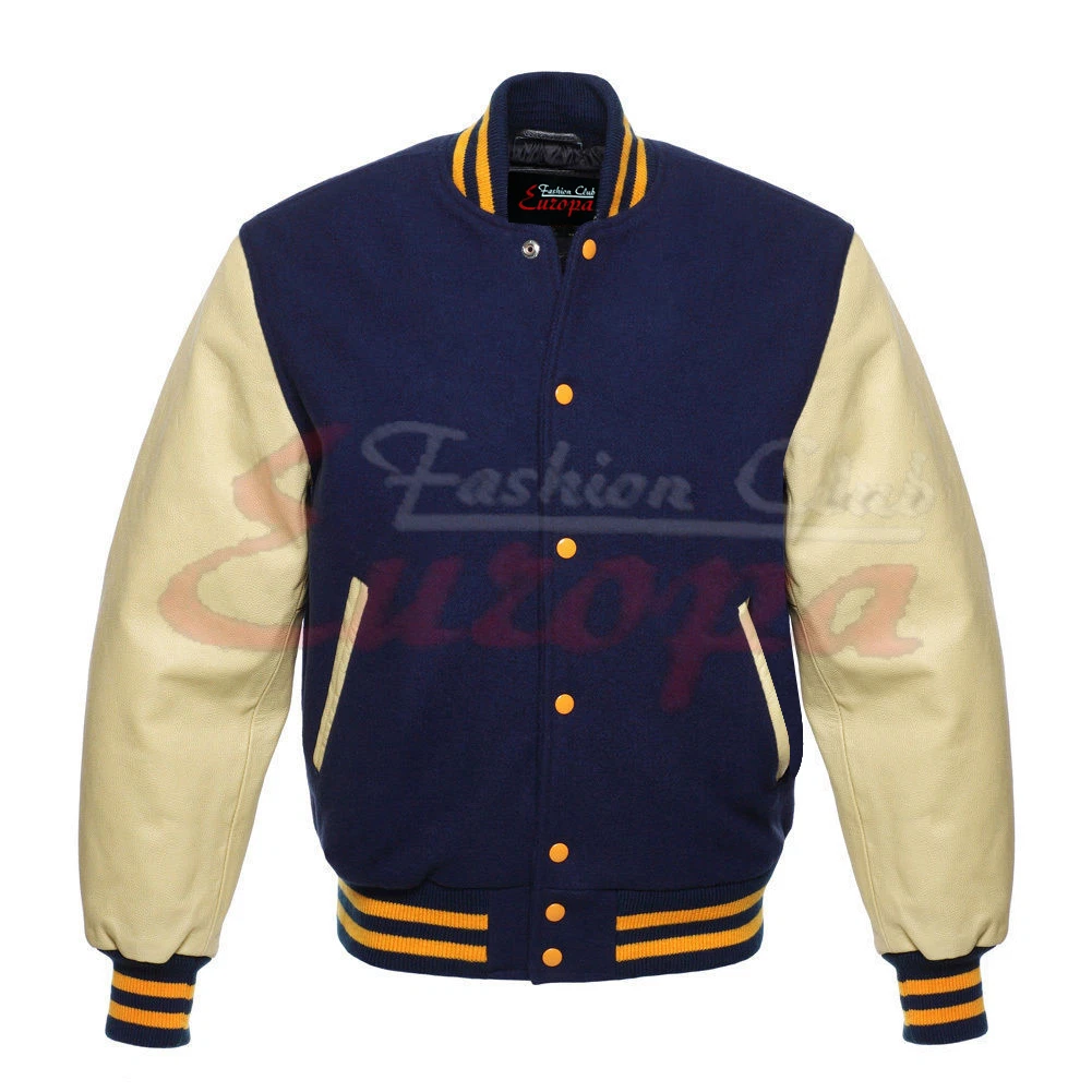 Varsity Lettermen Navy Blue Wool Body Jacket & Cream Geniune Leather Sleeves