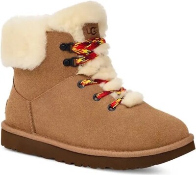 UGG CLASSIC MINI ALPINE LACE BOOT CHESTNUT SUEDE WOOL LINED WOMEN US 5 $170