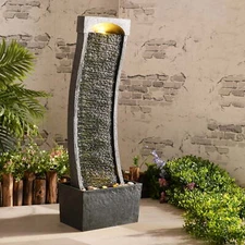 Indoor/Outdoor Modern Curved Slate Stone-Look Tall Waterfall Fountain LED Lights