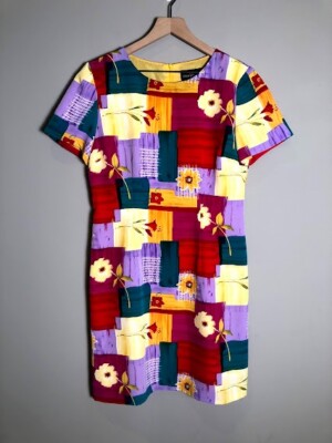 VTG John Roberts 90s Y2K Colorful Floral Bright Artsy Short Sleeve Dress Size 10