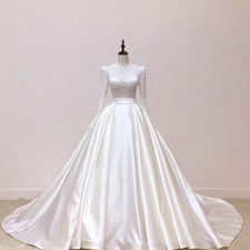 High Collar Wedding Dress Lace Long Sleeve Satin Ball Gown Long Sleeve High Neck