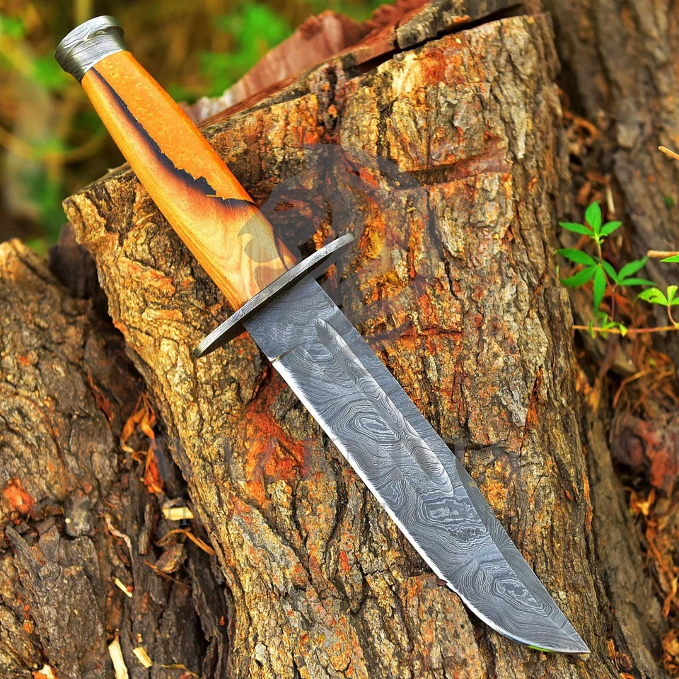 Ka-Bar USMC A+ Copia Damasco Acero Hoja Fija Cuchillo Resina Madera Mango con Funda Foto 3 de 4