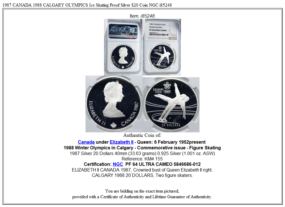 1987 CANADA 1988 CALGARY OLYMPICS Ice Skating Proof Silver $20