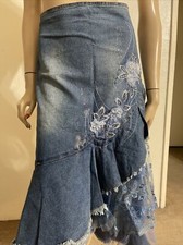 Blue Denim Casual Hippie Boho Beaded Lace Embroidery Ruffle Zip Size S Skirt 901