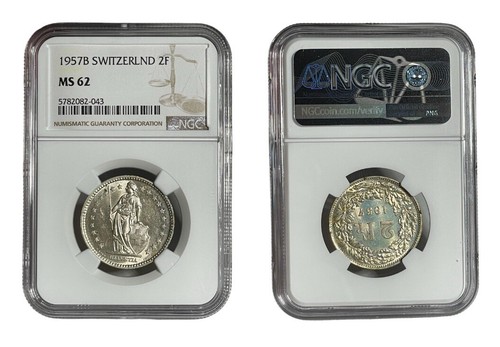 Switzerland, 2 Franc 1957B NGC MS62 Silver