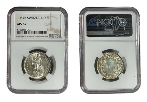 Switzerland, 2 Franc 1957B NGC MS62 Silver