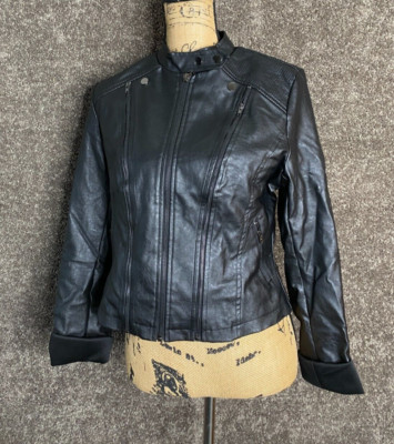 Fashion Nova Womens Jacket Faux Leather Black Motorcycle Jacket Size L Cotton