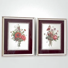 VTG Jean Louis (JL Prevost) Framed Floral Prints Flowers Bouquet 10.75" x 8.75"