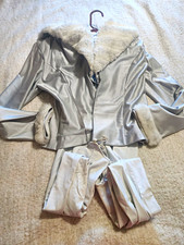 VTG 80s Silver Metallic Ice Skating Costume Two Piece Set Jumpsuit Fur Collar