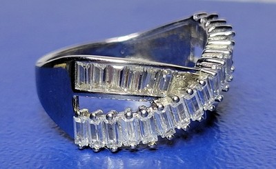 Vintage 925 Sterling Silver Baguette Cubic Zirconia Wave V Shape Wrap Ring