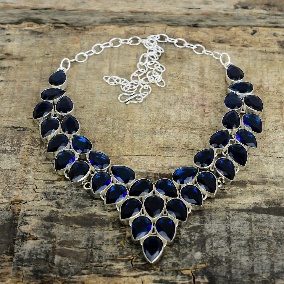 Zaffiro Blu Lab-Created Gemma Artigianale 925 Argento Sterling Gioielli - Immagine 2 di 4