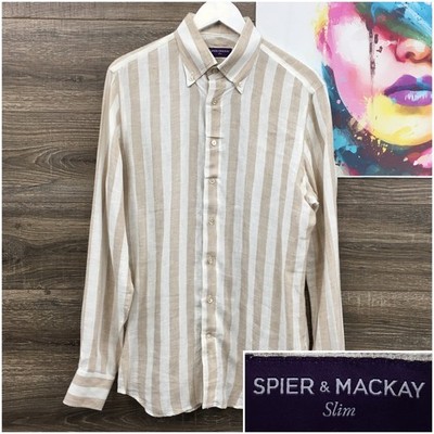 Spier & Mackay Slim Fit Linen Shirt Mens 15.5 Tan White Striped Button Down