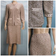 ST JOHN Collection Beige Jacket Skirt L 10 12 2pc Suit Brown White Stud Trim