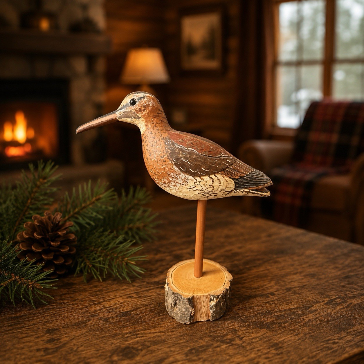 Vintage Hand Carved Wooden Shorebird Decoy On A Stand Folk Art Signed 2000