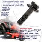 Three black Blade bolts 109-9220 with red star insignia on red and gray Exmark Lazer Z turf tracer.