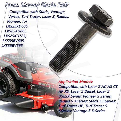 Three black Blade bolts 109-9220 with red star insignia on red and gray Exmark Lazer Z turf tracer.
