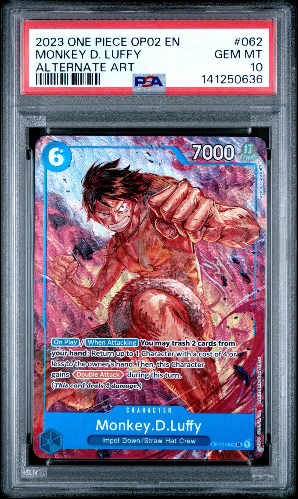 2023 ONE PIECE OP02-PARAMOUNT WAR ALTERNATE ART #062 MONKEY D. LUFFY PSA 10