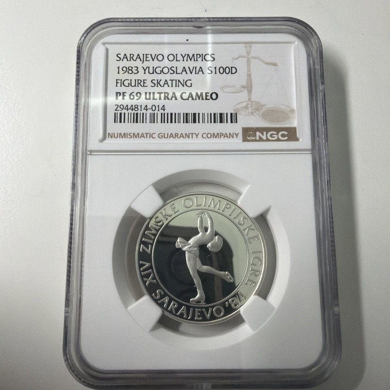 1983 Yugoslavia 100 Dinara Sarajevo Olympics Figure Skating NGC PF69 Ultra Cameo
