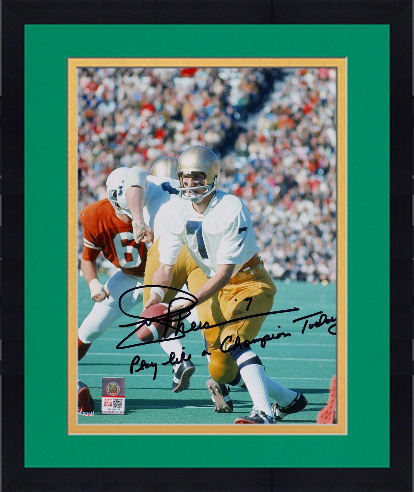 Joe Theismann Autographed Signed Notre Dame Fighting Irish Framed 8x10 Hand Off Photograph 