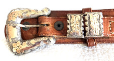 VTG Hand Tooled Leather Rancher Belt Mexican Sterling Silver Gold Buckle Sz 34