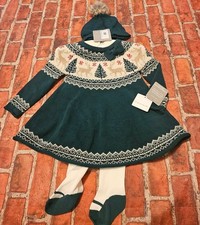 NWT Tahari Baby Girls 6-9 Months Reindeer Fair Isle Sweater Dress Hat Tights Set