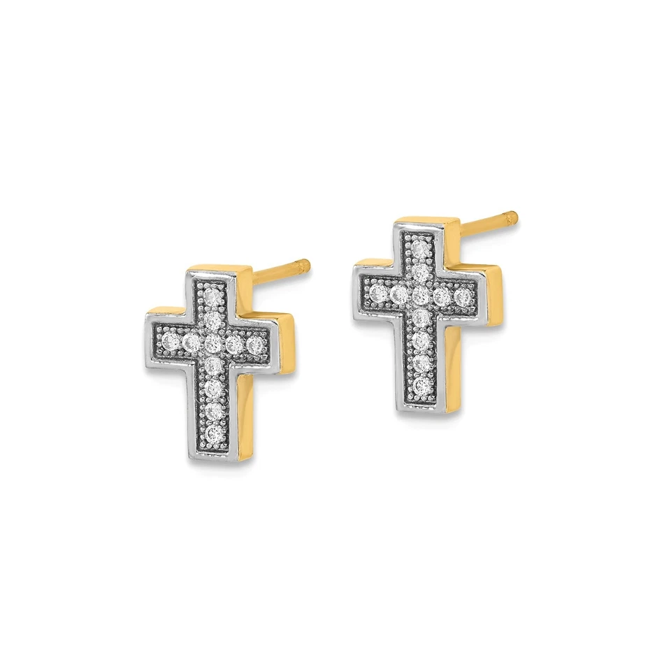 Aretes cruzados de oro amarillo-rodio 14k para mujer circonita cúbica blanca joyería religiosa Foto 2 de 4