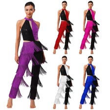 Womens Latin Dance Dresses Tassel Jumpsuit Sequin Cha-cha Performance Costume