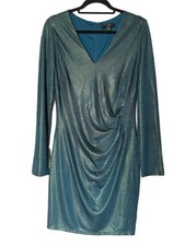GUESS Dress Size 12 Women’s Teal Gold Textured Vneck Long Sleeve Ruched Zip