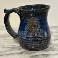 Studio Art Pottery Coffee Mug Black and Blue with A Wise Man’s Face Drip Glaze