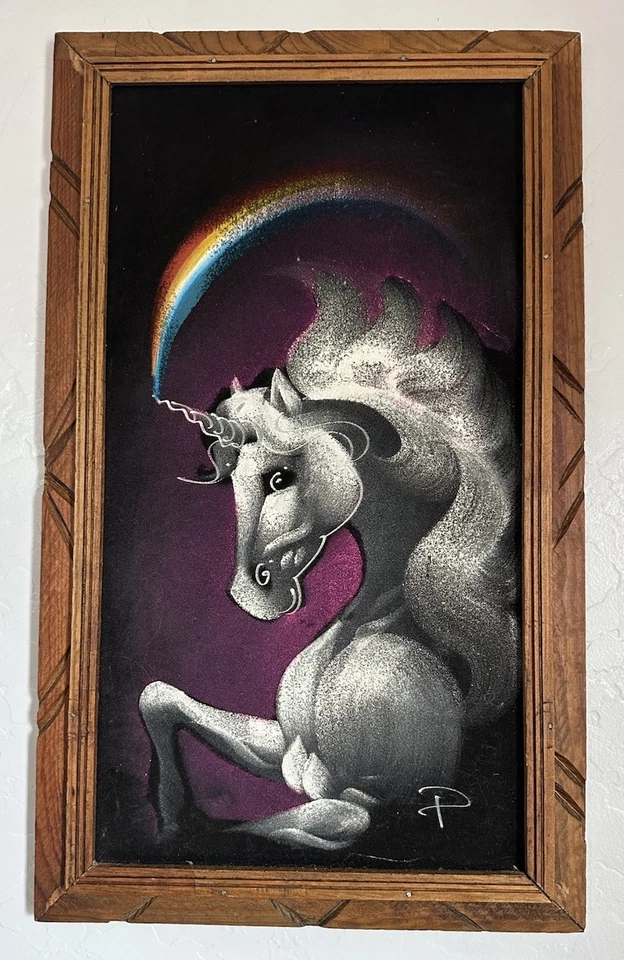 PINTURAS UNICORNIO TERCIOPELO NEGRO VINTAGE AÑOS 70 ENMARCADAS impresión artística 21,5x13,5 Foto 4 de 4