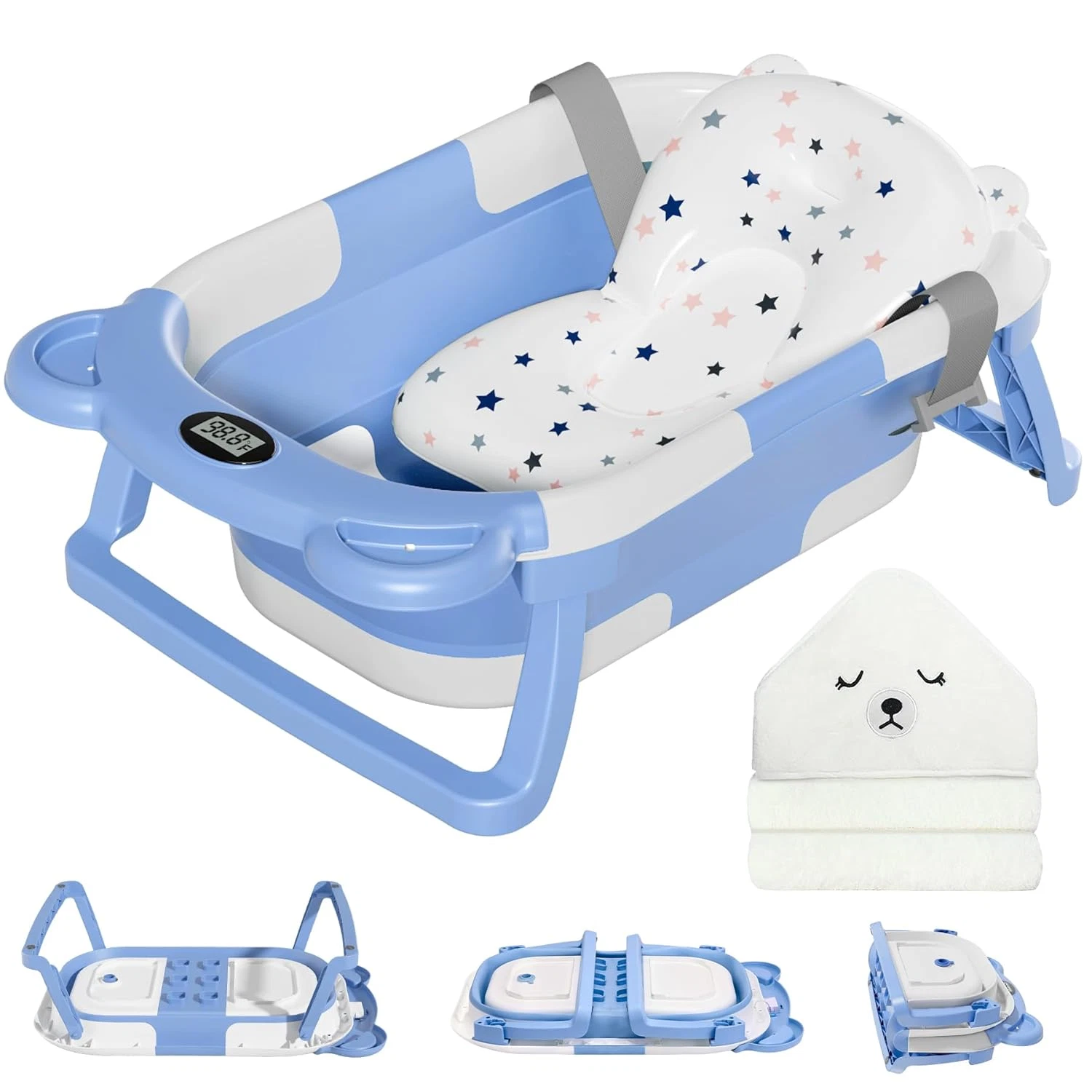 Collapsible Baby Bathtub for Newborn with Thermometer & 1 Hooded Towel & Cushion