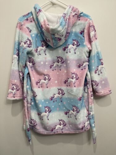 Girls Blue White Pink Unicorn Stars Plush Fleece Hooded Long Sleeve Robe Age 8/9 - Picture 2 of 9