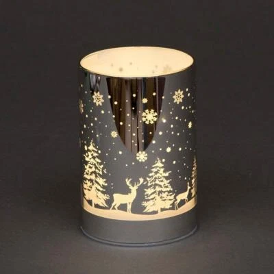 SHATCHI 13cm Weihnachten Tischdeko Weihnachtslampe LED Vase Waldszene Silber Zylinder
