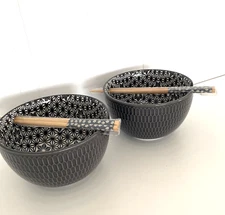 Set 2 Signature Housewares Dark Blue Stoneware Ramen Noodle Bowl With Chopsticks