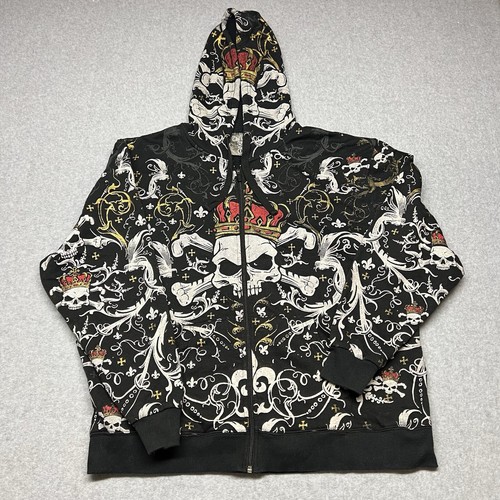 Club Chaos Mens Hoodie Full Zip Black AOPHope Faith Grunge Affliction Y2K Large