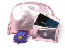 Victoria's Secret Metallic Rose Gold Cosmetic Bag Make Up Travel Case Mirror Set