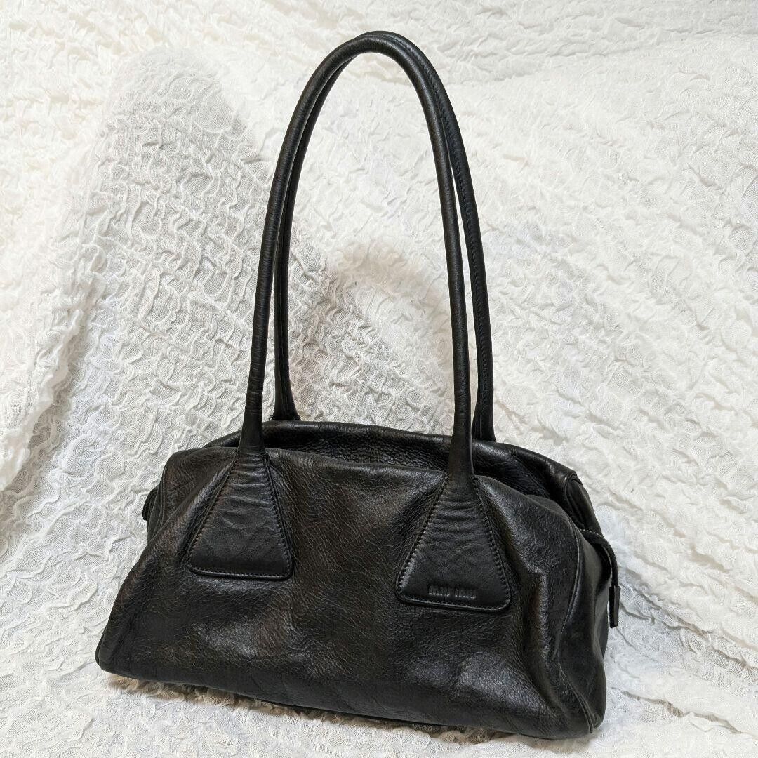 MIU MIU 00s Archive Leather Boston Bag Embossed Logo Black MIU MIU 00s Archive Leather Boston Bag Embossed Logo Black