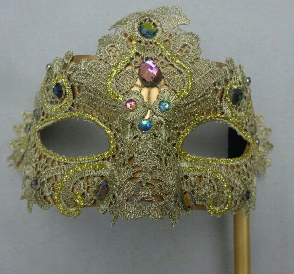 HAND HELD GOLD JEWELLED LACE BROCADE MASK VENETIAN MASQUERADE EYE BALL ON STICK - Image 2 of 4