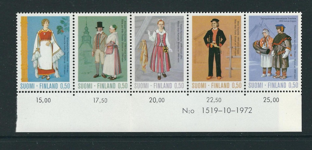 FINLAND 1972 REGIONAL COSTUMES theme (Scott 518-22 strip of 5) VF