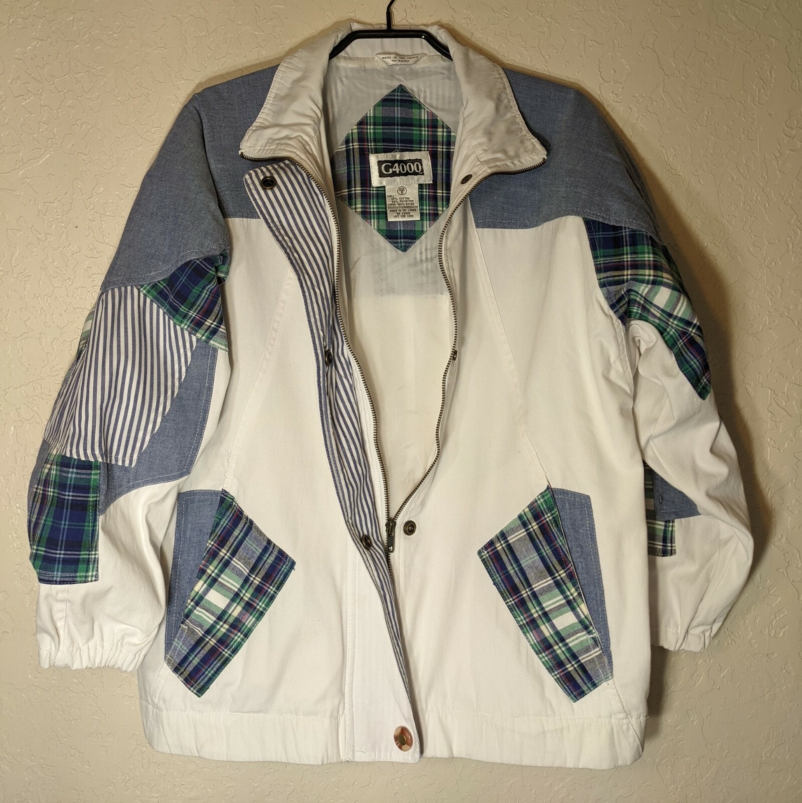 Vntg Bomber Jacket Oversize Sz S L Blue White Patchwork Colorblok Plaid Longline-image