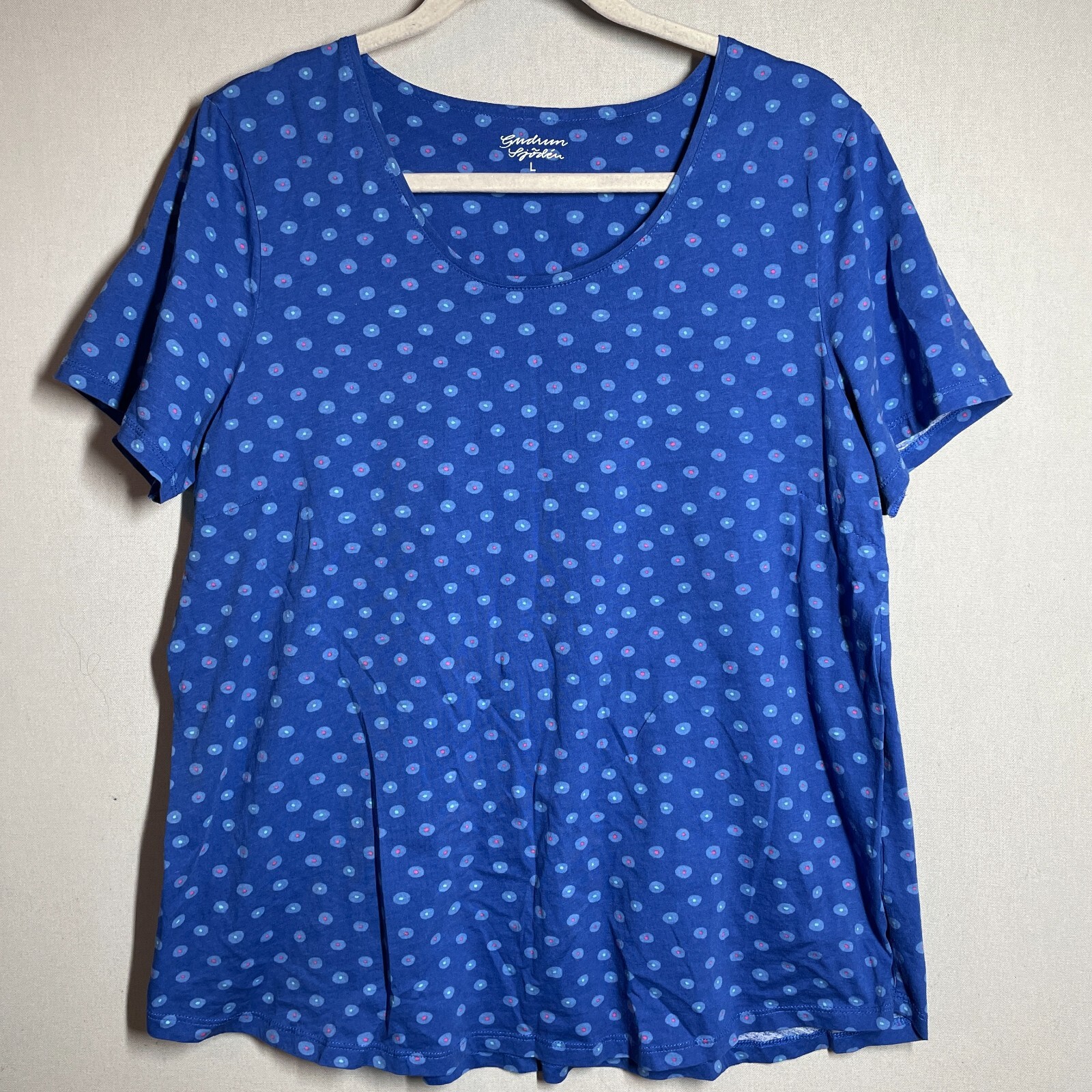 Gudrun Sjoden Top Women L Blue Polka Dot Boxy Pullover Classic Flowy Lagenlook